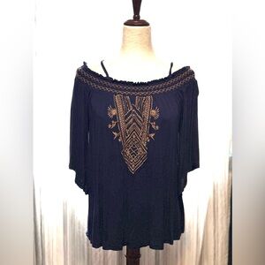 Navy Blue Off-Shoulder Top with Gold Embroidery